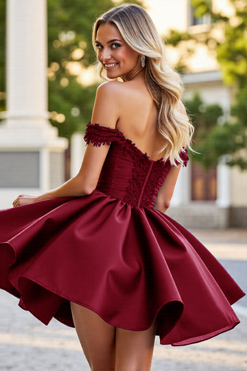 Off The Shoulder Burgundy A Line Appliqued Homecoming Dress